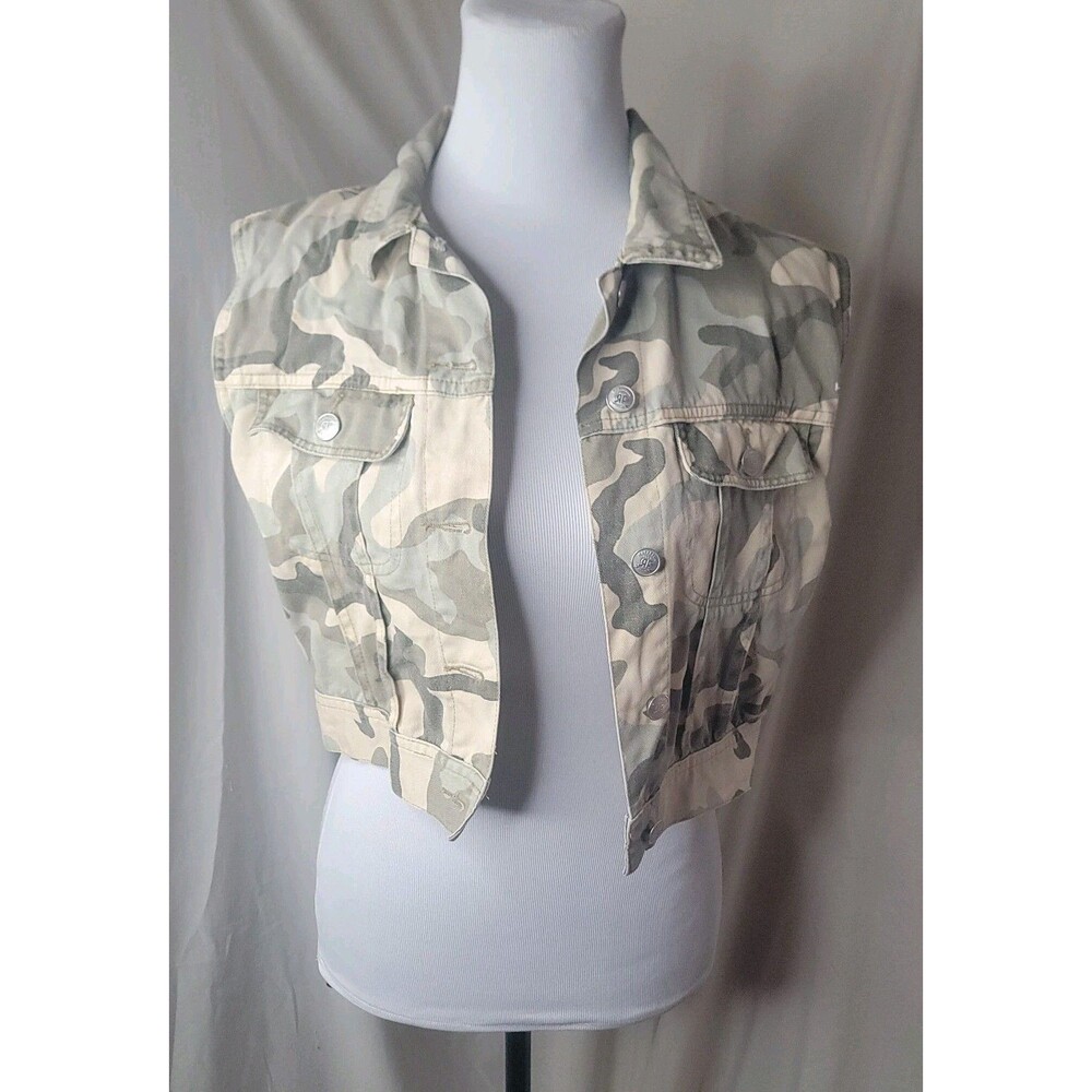 Y2K Camo Cropped Denim Vest Womens M Rafaella Western Grunge Festival Distressed